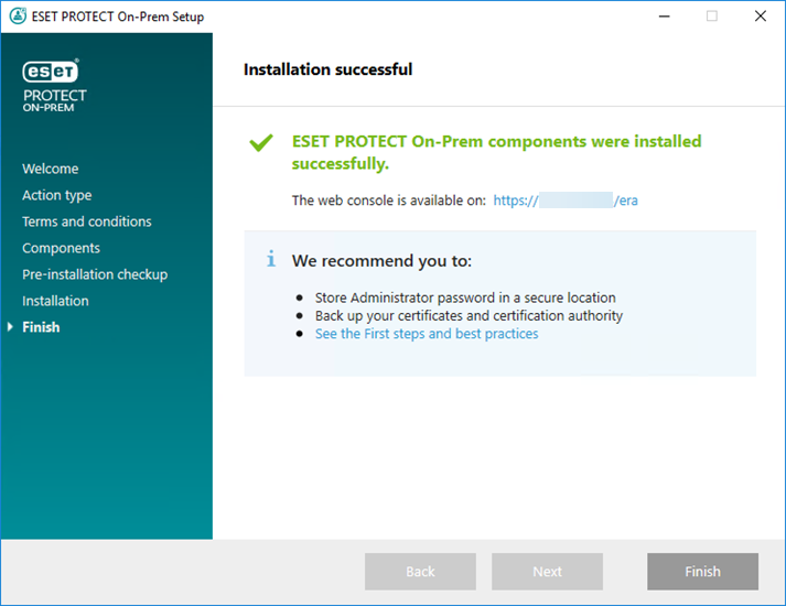 τα στοιχεία του ESET PROTECT On-Prem εγκαταστάθηκαν επιτυχώς. τα στοιχεία του ESET PROTECT On-Prem εγκαταστάθηκαν επιτυχώς.