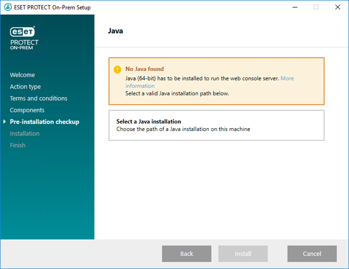 El instalador todo en uno de ESET PROTECT no encontró Java
