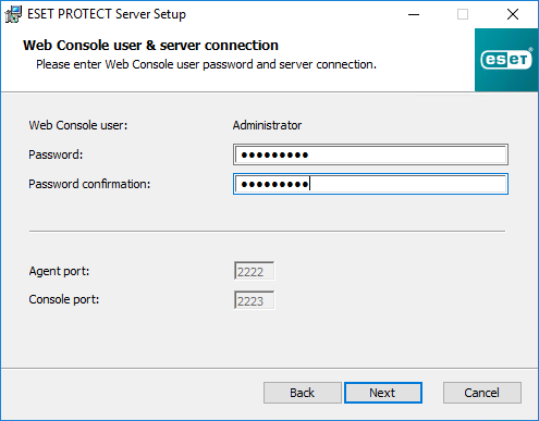Usuario de consola web y conexión del servidor en la configuración del servidor ESET PROTECT