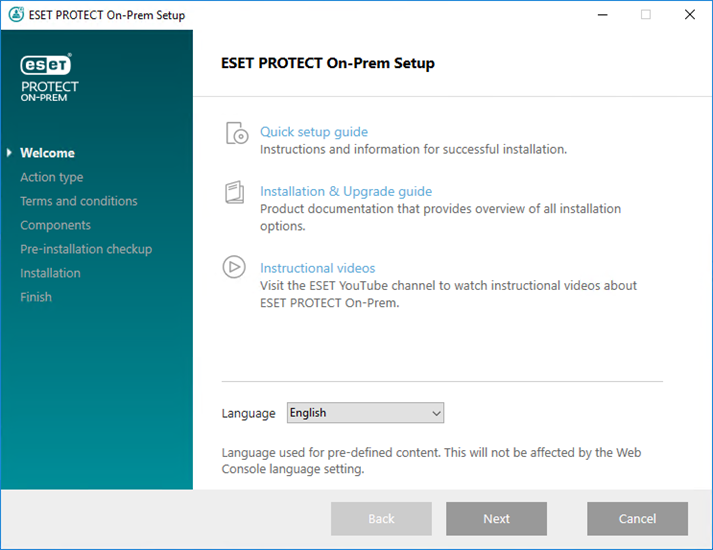 ESET PROTECT Pantalla de bienvenida del instalador todo en uno