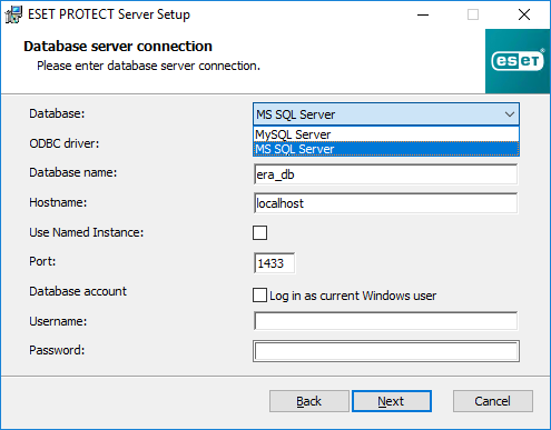 Connexion au serveur de base de données dans la configuration de ESET PROTECT Server