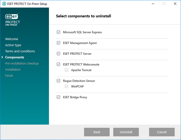 Selezionare i componenti da disinstallare nel programma di installazione integrato di ESET PROTECT.