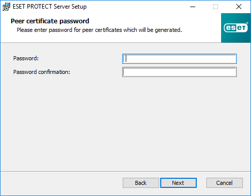 在 ESET PROTECT 伺服器設定中輸入對等憑證密碼。