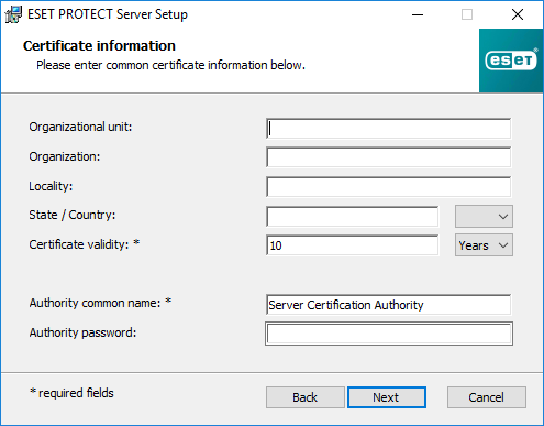 Provide the ESET PROTECT certificate information in the ESET PROTECT Server Setup.