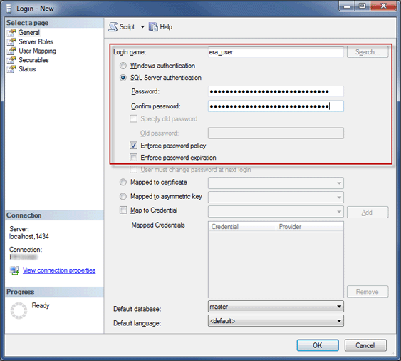 Cree un nuevo inicio de sesión de SQL Server para ESET PROTECT Server con autenticación de SQL Server. Cree un nuevo inicio de sesión de SQL Server para ESET PROTECT Server con autenticación de SQL Server.