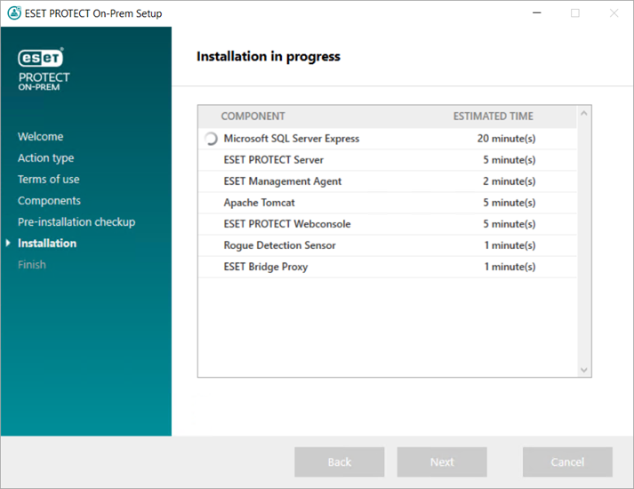Instalación todo en uno de ESET PROTECT en curso Instalación todo en uno de ESET PROTECT en curso