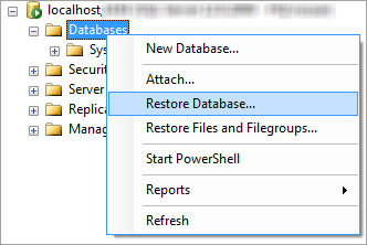 Sur l'instance SQL Server cible, sélectionner Restaurer la base de données dans SQL Server Management Studio.