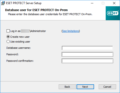 Sélectionner l'utilisateur de la base de données dans la configuration du serveur ESET PROTECT. Sélectionner l'utilisateur de la base de données dans la configuration du serveur ESET PROTECT.