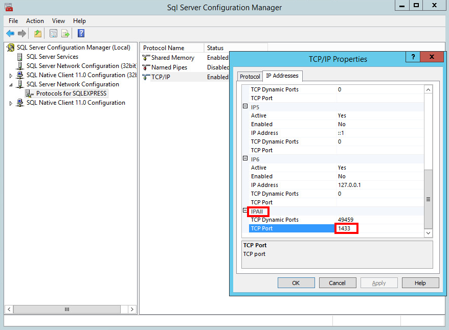 Définir le port TCP dans le gestionnaire de configuration de SQL Server.