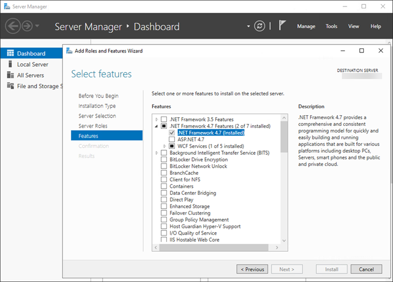 Installez Microsoft .NET Framework à l'aide de l'Assistant Ajout de rôles et de fonctionnalités.