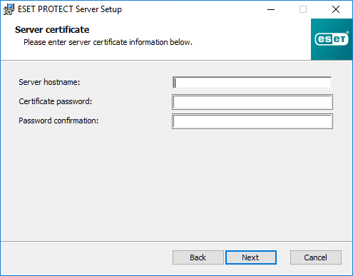 Navedite podatke o certifikatu ESET PROTECT servera u odjeljku za postavljanje ESET PROTECT servera. Navedite podatke o certifikatu ESET PROTECT servera u odjeljku za postavljanje ESET PROTECT servera.