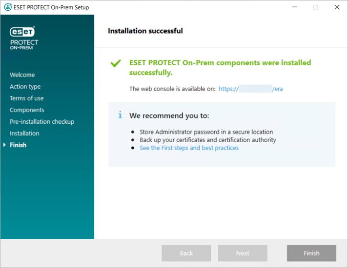 I componenti di ESET PROTECT On-Prem sono stati correttamente installati.