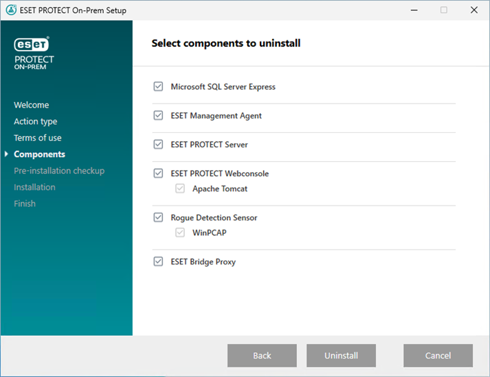 Selezionare i componenti da disinstallare nel programma di installazione integrato di ESET PROTECT.