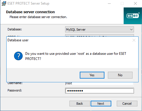 ESET PROTECT Server設定でデータベースユーザーとしてrootを使用するかどうかを決定します。 ESET PROTECT Server設定でデータベースユーザーとしてrootを使用するかどうかを決定します。