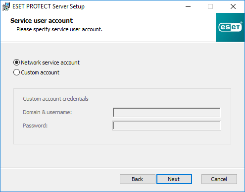 ESET PROTECT Server 설정에서 사용자 계정을 지정합니다. ESET PROTECT Server 설정에서 사용자 계정을 지정합니다.