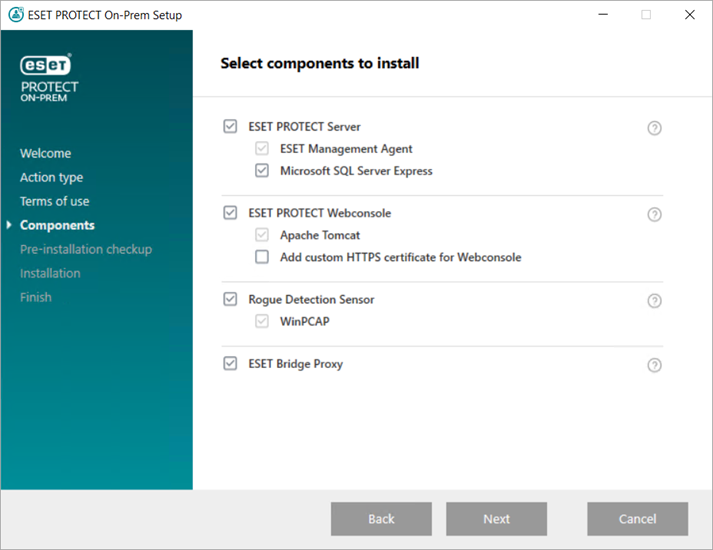 Selecione componentes ESET PROTECT para instalação Selecione componentes ESET PROTECT para instalação