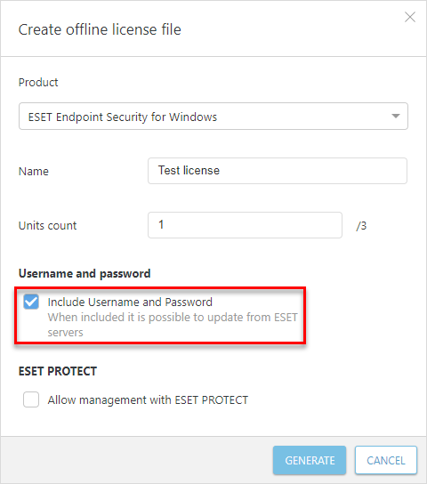 Создание автономного файла активации в ESET Business Account.
