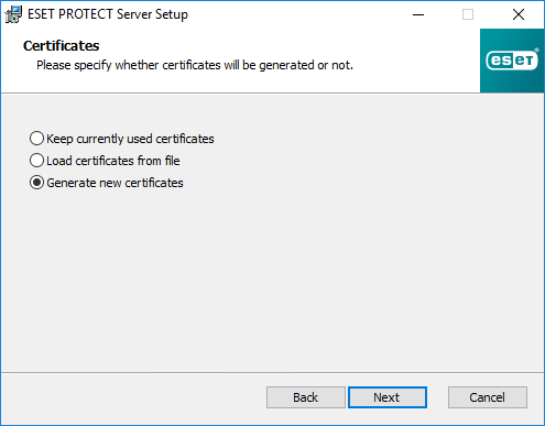 V&nbsp;rámci nastavení ESET PROTECT Servera vyberte, ktoré certifikáty sa majú použiť.