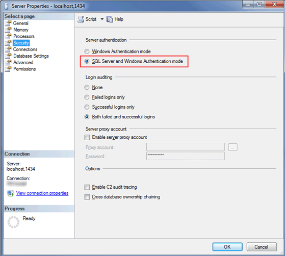确认已经选择了 SQL Server 和 Windows 身份验证模式。