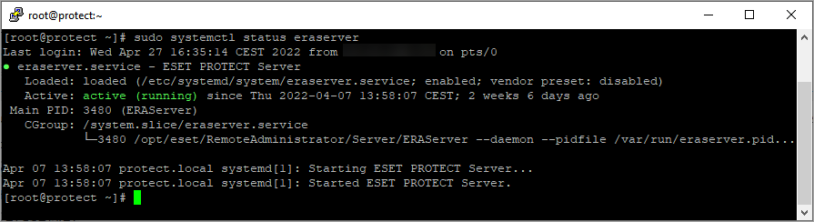 Use the Linux Terminal to verify that the ESET PROTECT Server service is running. Use the Linux Terminal to verify that the ESET PROTECT Server service is running.