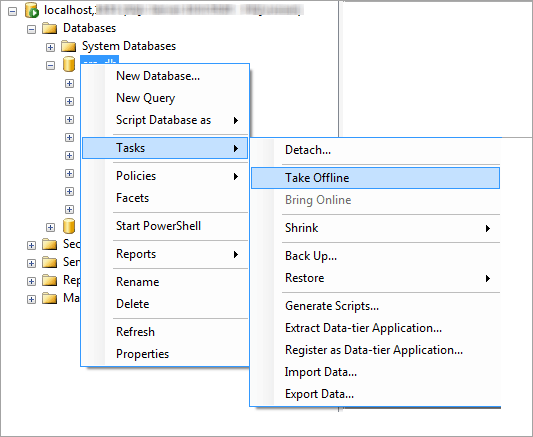 Take the source database offline using the SQL Server Management Studio. Take the source database offline using the SQL Server Management Studio.